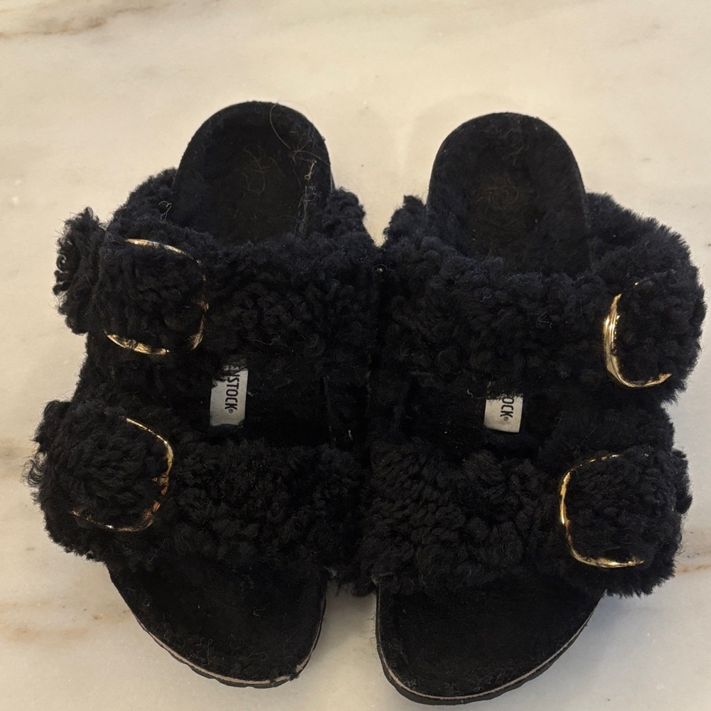 Birkenstock Arizona Black Fuzzy Sandals with Gold Buckles